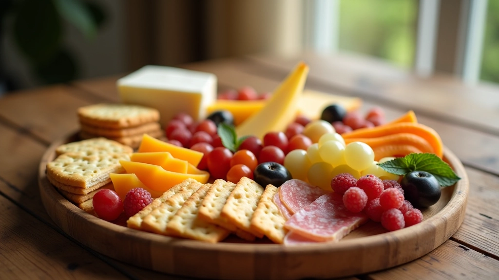 Plateau d'apéritif avec fromage, charcuterie et fruits secs pour invités