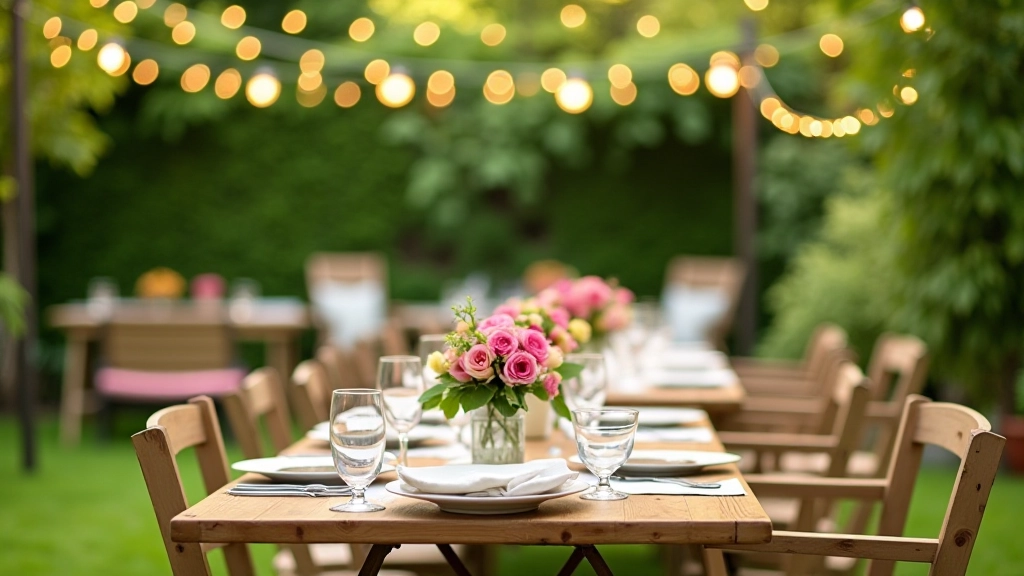 Jardin privé avec tables pliantes, chaises de jardin, guirlandes lumineuses, assiettes de fromage et de fruits sur les tables, ambiance festive