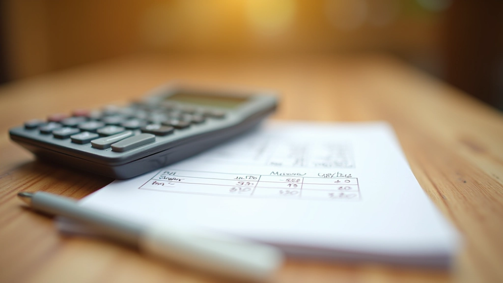 Calculatrice et bloc-notes avec budget écrit, stylo à côté sur table en bois