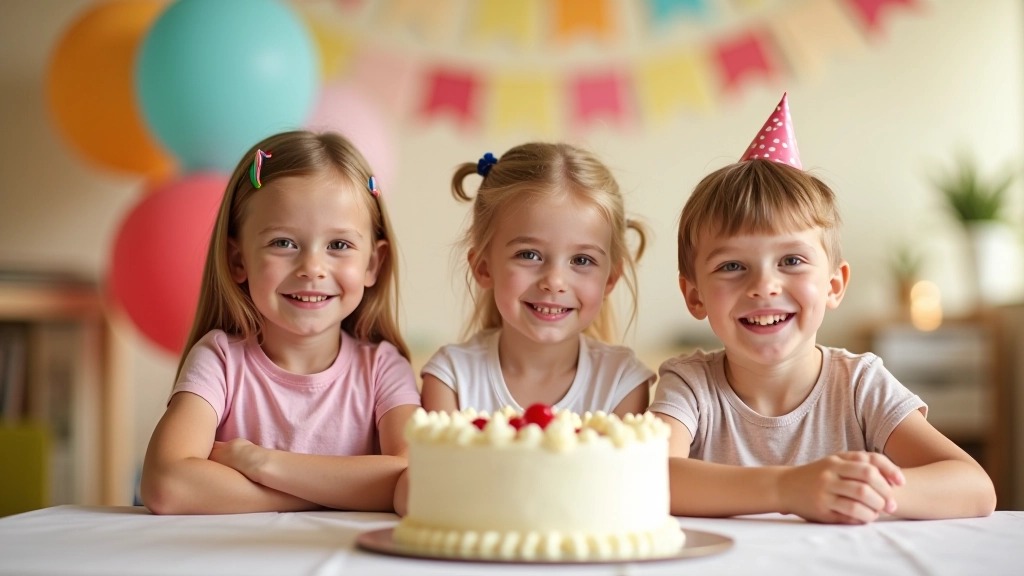 Enfants assis autour d'une table de fête décorée avec des ballons colorés et un gâteau d'anniversaire