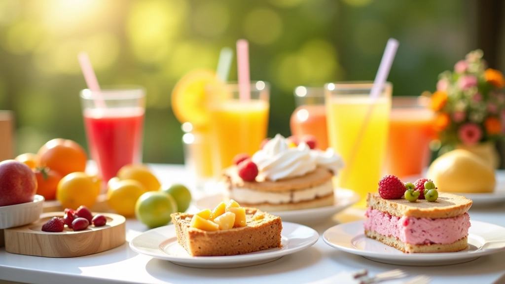 Goûter d'anniversaire coloré avec gâteau fait maison, fruits et jus frais