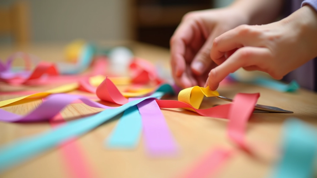 Gros plan sur du papier crépon coloré coupé en bandes, préparation de guirlandes artisanales