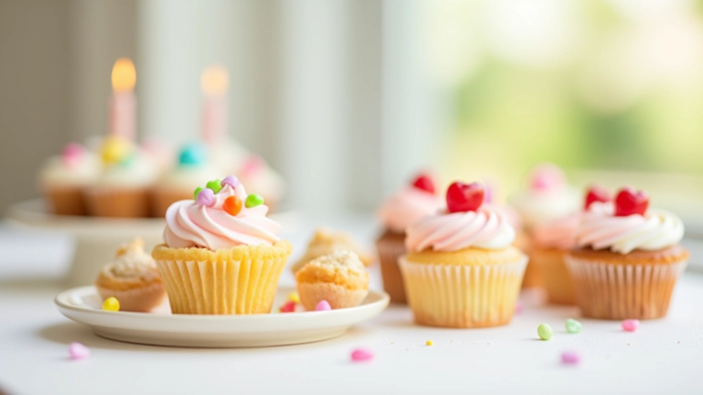Étalage de pâtisseries, gâteaux et cupcakes colorés sur une table de buffet d'anniversaire