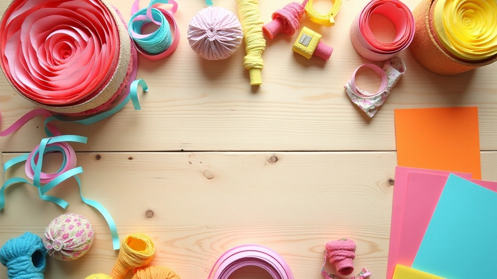 Décoration fait maison sur une table avec papier crépon, guirlandes et matériaux recyclés colorés