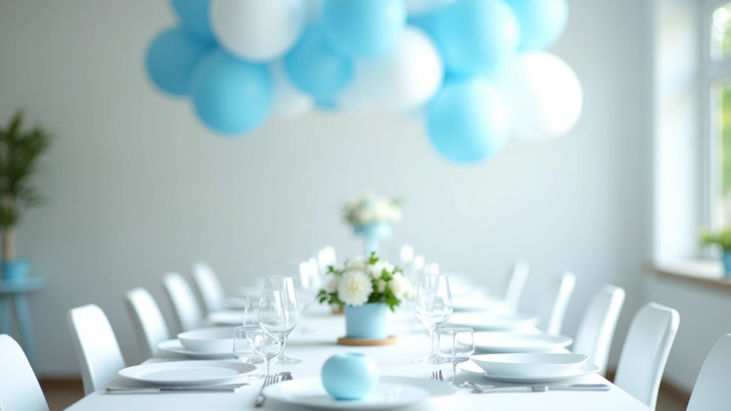 Décoration simple et élégante avec ballons bleu et blanc, table bien organisée