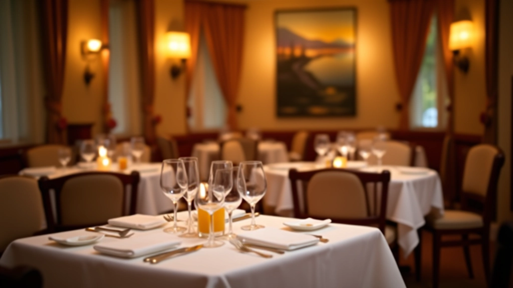 Restaurant avec tables dressées, ambiance chaleureuse, serveurs en action, lumière tamisée et clients en train de manger