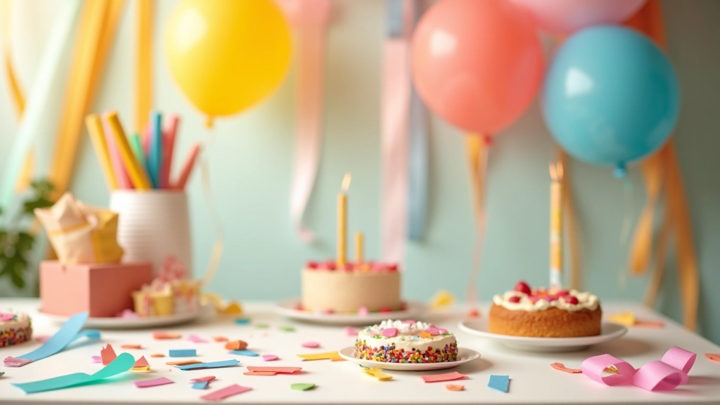 Décoration fait maison avec guirlandes en papier crépon, ballons, et matériaux recyclés colorés sur table