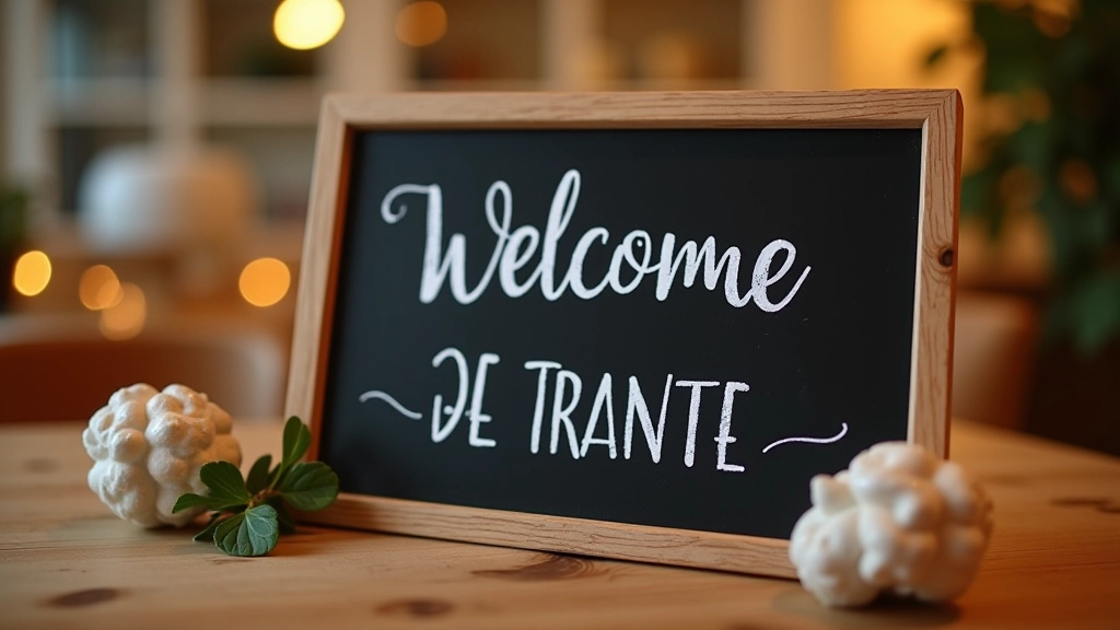 Panneau en bois avec craie blanche écrite à la main, lettres manuscrites de bienvenue et décoration festive