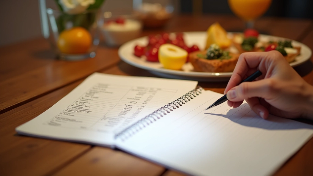 Plateau de nourriture avec apéritif et entrées, carnet de budget avec calcul de coûts par invité