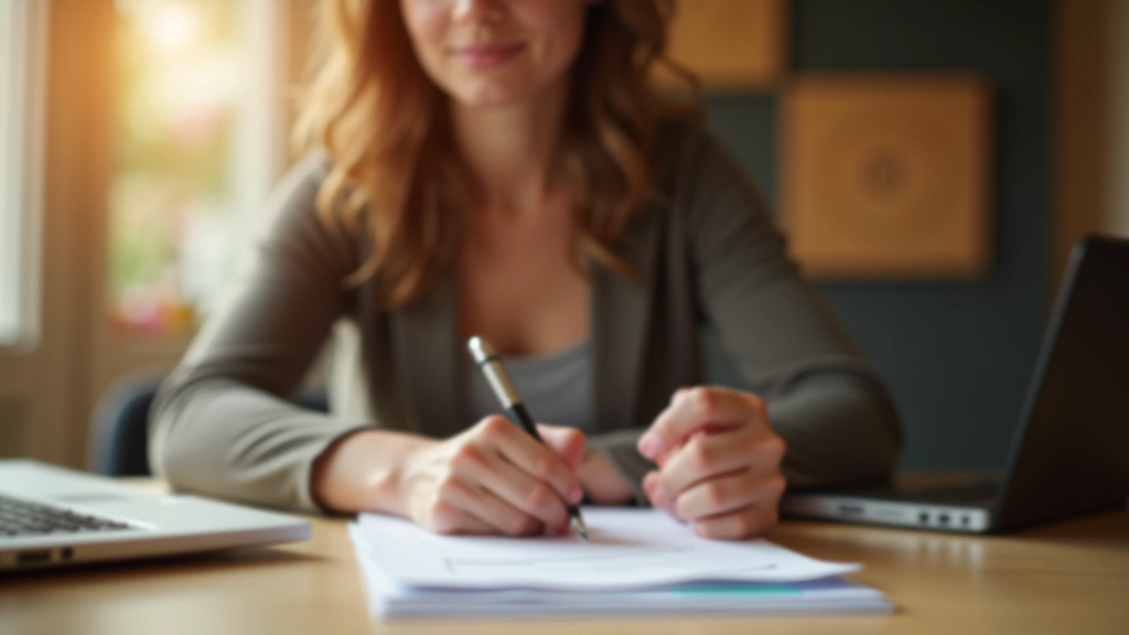 Femme consultant une liste, stylo à la main, entourée de notes, cahier, calculatrice, lumière naturelle douce