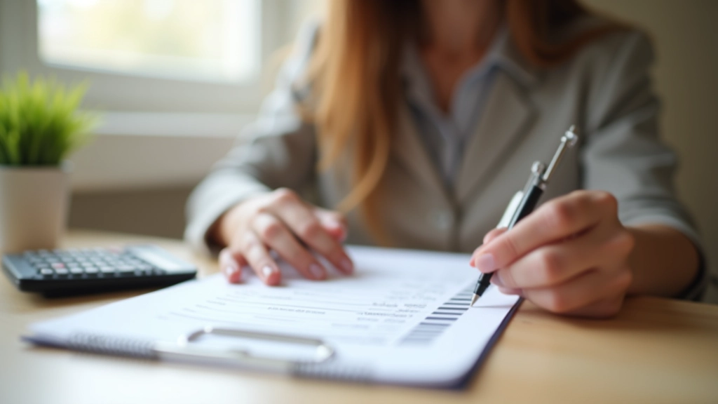Femme écrivant un budget détaillé sur un carnet avec stylo et calculatrice